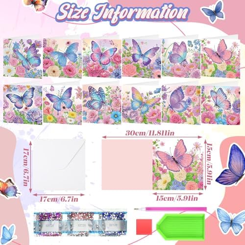 Saillong 12 Pack Butterfly Diamond Painting Greeting Card Kits Summer Diamond Art Cards with Envelopes Purple Butterfly Flowers 5D Rhinestones Painting Kits for Adults DIY Crafts Family Friend Gifts
