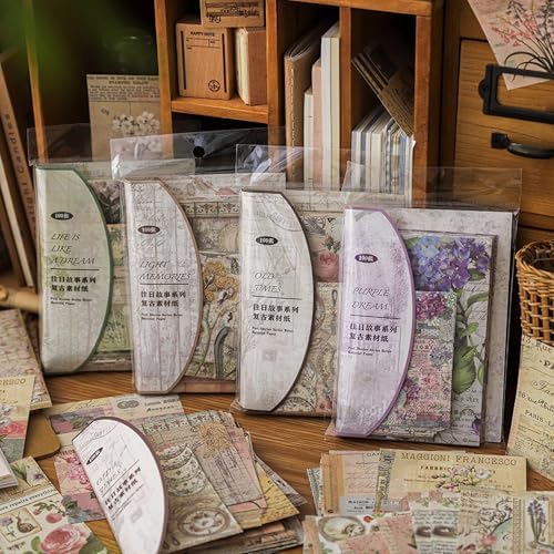 400PCS Vintage Scrapbook Paper Journaling Scrapbooking Supplies Kit Aesthetic Decorative Craft Paper Assorted for Bullet Junk Journals Card Making Craft DIY, Past Stories