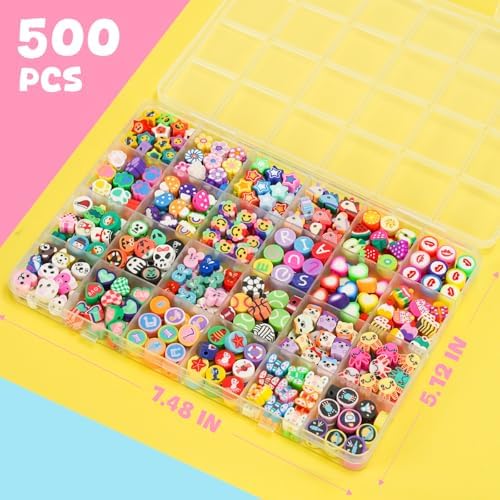 Gionlion 500 Pcs Polymer Clay Beads Bracelet Making Kit，24 Style Animal Fruit Flower Butterfly Bunny Pony Letter Beads Charms for Jewelry Making, DIY Art and Crafts Toys Gifts for 4+ Year Old Kids