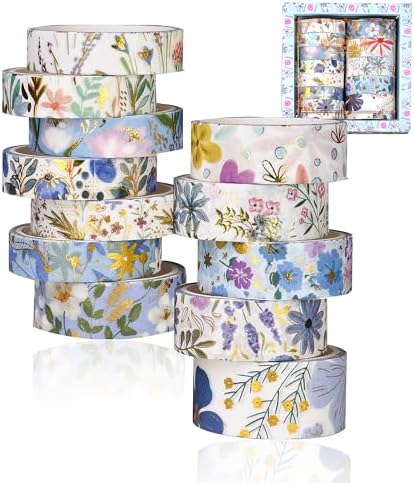 Washi Tape Set, Floral Washi Stickers, 12 Rolls Assorted Sizes, for Junk Journal Scrapbook Tape, Bullet Journaling Scrapbooking Supplies, Planner Sticker DIY Craft DéCor (Blue)