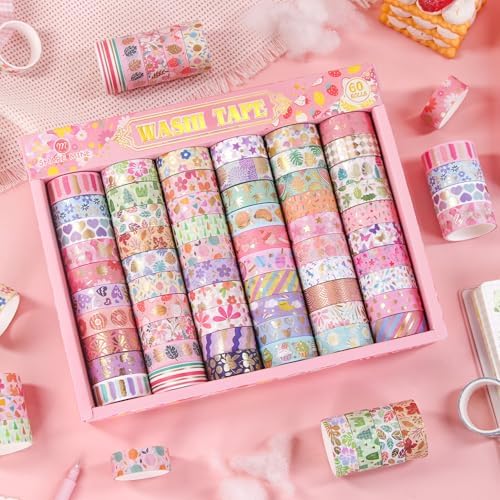 60 Rolls Washi Tape Set, 15 mm Gold Foil Cute Pattern Floral Decorative for Journaling Supplies