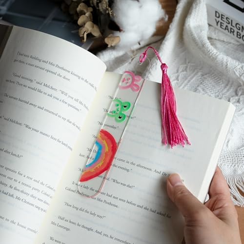 61PCS Acrylic Bookmarks Blanks Bulk 3 Symmetrical Shapes Clear Bookmark Plastic Blank 30 Sets with 6 Color Tassels & Twine String for Vinyl DIY Craft