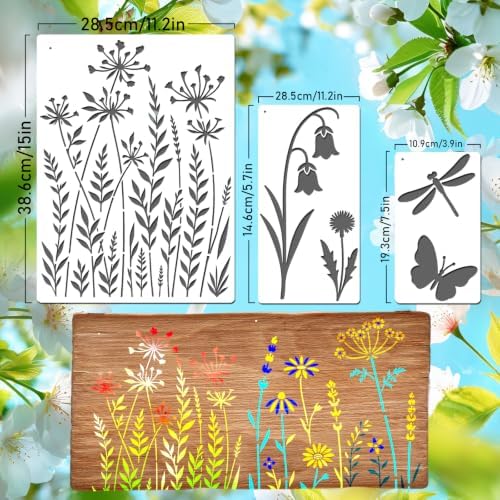 14 Pcs Plant & Wildflower Stencil Set for Painting, Large Botanical Painting Templates - Leaf, Dragonfly, Wildflower Nature Crafts Kit for DIY Furniture Wall Murals, Wood Signs, Home Decor