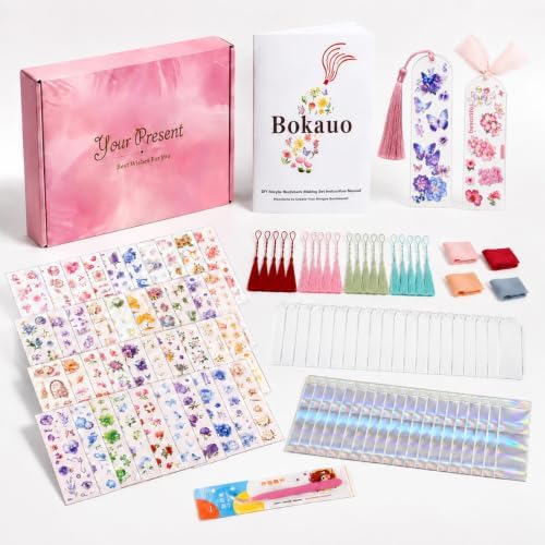 DIY Bookmark Making Kit, 20 Clear Acrylic Bookmark Blanks 5.9 x 2 in with PET Floral Bookmark Stickers, Tassels, Ribbons, Gift Bags, Bookish Gifts for Book Lovers, Book Club Crafts, Readers