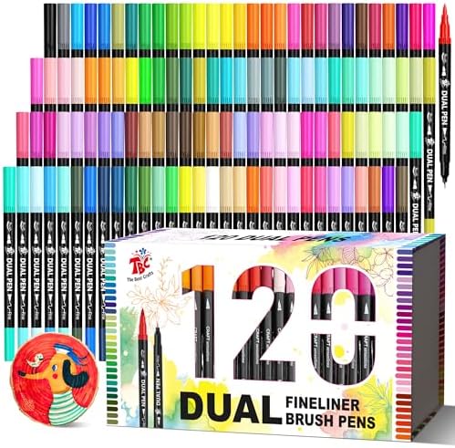 Brush Pens for Adult Coloring Books, 120 Colors Dual Tip Art Markers – Fine Tip for Outlining + Brush Tip for Coloring, Water-Based Non-Bleeding Markers for Journaling, Calligraphy, Hand Lettering
