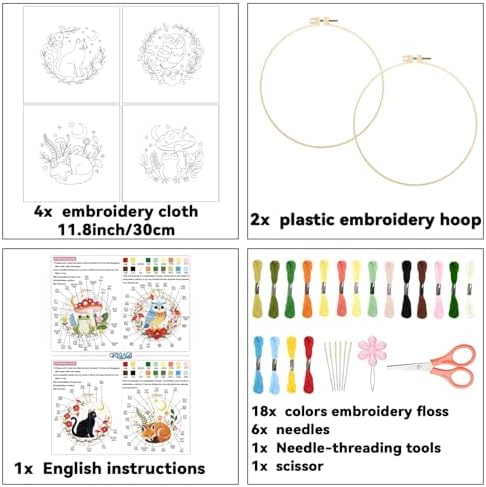 ORIGACH 4 Pack Animal Embroidery Kits Cat Frog Owl Fox Embroidery Sampler Kit Include Adjustable Hoops and Instruction Starter DIY Needlepoint for Adult Beginners