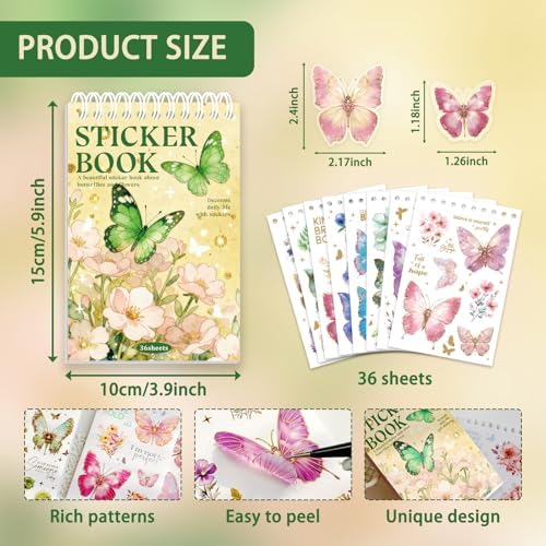 Butterfly Sticker Book 36 Sheets 300+ Pcs Aesthetics Stickers