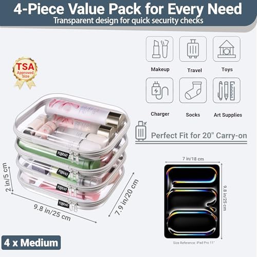YQBRAO Clear Hard Shell Zipper Cases, 4 Medium Makeup Organizers, Grey
