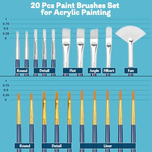 Halobios Paint Brushes Set, 20 Different‑Size Acrylic Paint Brushes for Nail Art, Face Art, Crafts, Rock Painting & School Projects