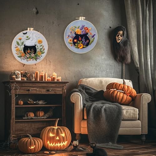Floral Witch Hat Embroidery Kit Halloween Cross Stitch Material Set with Bat Skull Flower Pumpkin Patterns, DIY Hand Needlepoint Embroidery Craft Kit for Beginners Professional (Floral Cauldron A)