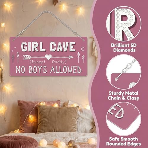 CraftBliss DIY Diamond Painting Kit, Girl Cave (Except Daddy) No Boys Allowed Sign, 5D Sparkling Diamond Art Hanging Decor for Bedroom Wall Door, Creative Craft Gift for Teens & DIY Lovers