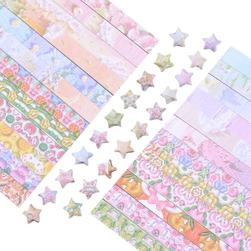 1200Pcs Colorful Origami Star Paper Strips 24 Patterns Double-sided printing Lucky Star Paper Strips for DIY Handcrafts School Teaching