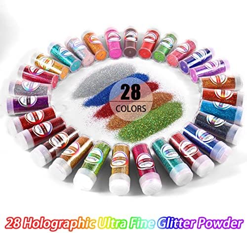 Renfio 28 Colors Holographic Glitter Set,14.81oz Ultra Fine Glitter Powder | 420g PET 1/128" 0.008" 0.2mm Resin Suppies Assorted Craft Glitter for Fake Nails, Resin Art, Tumblers, Slime, Hair, Bomb
