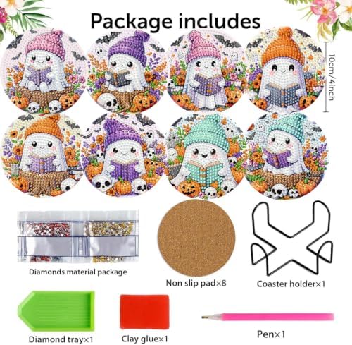 8 Pack Diamond Art Coasters ,Halloween Ghost Diamond Painting Coasters Kits