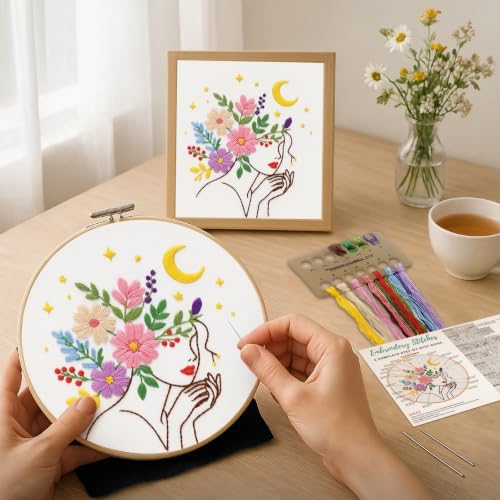 Nuberlic Embroidery Kit for Beginner,Floral Woman Embroidery