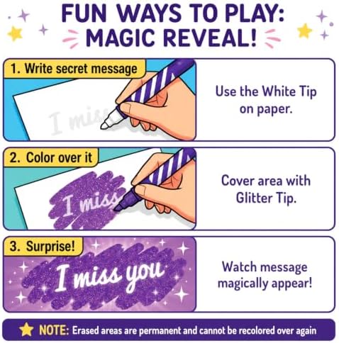 JoyCat 10-Color Erasable Glitter Markers for Kids, Dual Tip Sparkle Pens