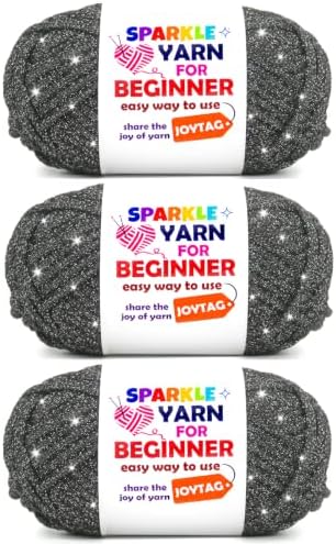 3 Pack Black Sparkle Yarn for Crocheting and Knitting,Black Metallic Glitter Crochet Knitting Yarn for Beginners with Easy-to-See Stitches Easy Yarn for Beginners Crochet Kit(3x50g)