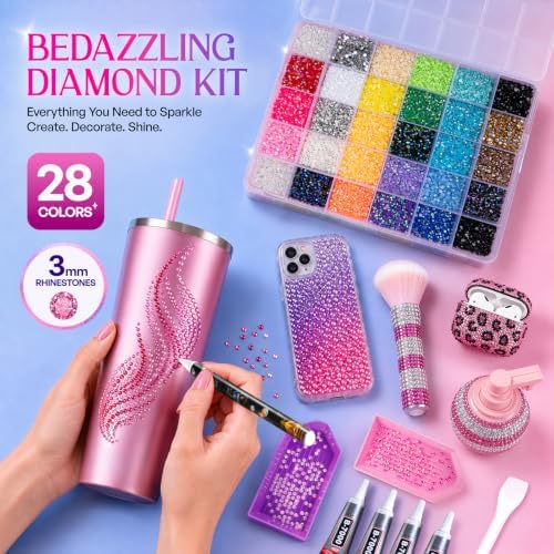 40000Pcs Bedazzling Kit with Rhinestones, 28 Colors 3mm Resin Jelly Flatback Gems, All-in-One Bedazzler Kit with 4Pcs B7000 Glue & Tools, DIY Diamond Art Craft Kit for Clothes Shoes Phone Cases Gifts