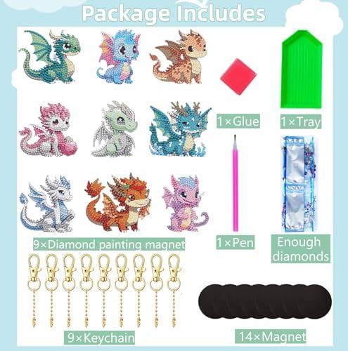 Bulerrylulu 9 Pcs Dragon Diamond Painting Magnets Kits Fridge Magnet Stickers Diamond Art Painting Keychains Gem Painting kit for Beginners Adults DIY Art Craft Gifts Home Decors