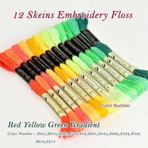 Premium Rainbow Color Embroidery Floss - Cross Stitch Threads - Friendship Bracelets Floss - Crafts Floss - 12 Skeins Per Pack Embroidery Floss,Red-Yellow-Green Gradient