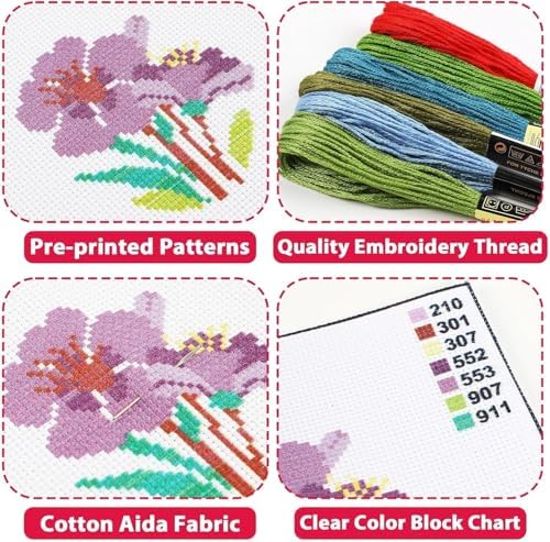 11CT Easy Starter Cross Stitch Kit for Adults Stamped Embroidery Kit with Pre-Printed Fabric Color Threads Needles DIY Needlework Craft Kit French Bulldog 35x35cm(J174)