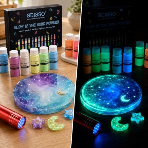 Glow in The Dark Powder 12 Colors Epoxy Resin Dye Luminous Pigment Powder Safe Long Lasting for Fine Art, DIY Nail Art, Epoxy Resin Colorant, DIY Crafts and Theme Party, 0.7oz Each
