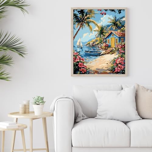 Possoco Paint by Numbers Kit for Adults Beginner, Beach Landscape Easy Adult Paint by Number Kits on Canvas, DIY Acrylic Watercolor Oil Paint by Number for Adults for Home Decor Gift 16x20 Inch