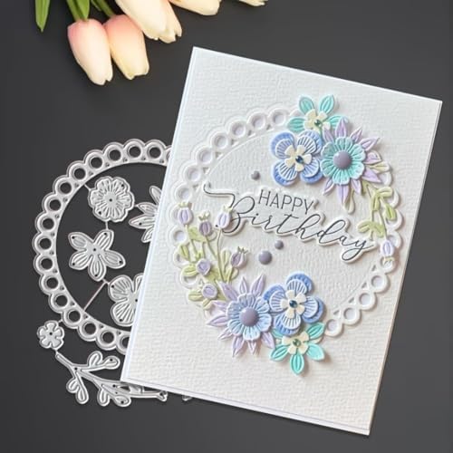 Scrapbooking Die-Cuts for Card Making, Christmas Metal Cutting Dies, Paper Craft Punch Template, Background Embossing Stencils, DIY Album Décor (Circular Frame and Flower Branches-12.3x10cm)