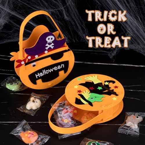 6 Set DIY Trick or Treat Bag Kit, Make Your Own Halloween Candy Bags Goodie Bags, Felt Craft with Stickers for Kids Halloween Party Favors