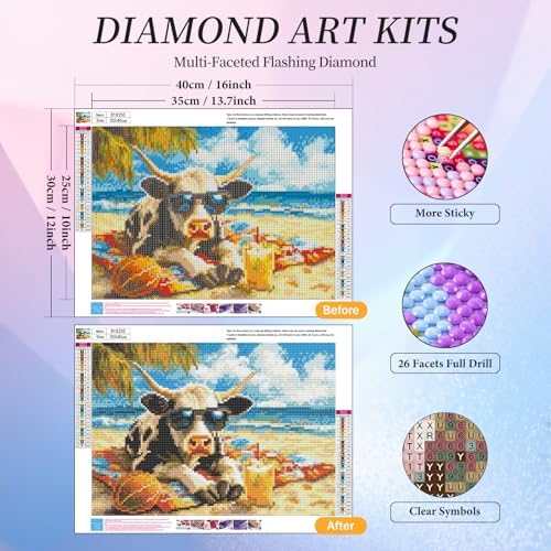 Diamond Art Kits for Adults, Beach Cow Diamond Painting Kit, 12 x 16 Inch