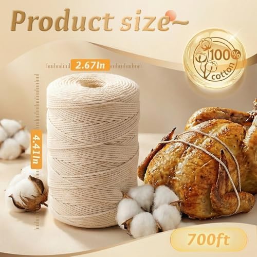 SMART&CASUAL 700 Feet 100% Cotton Butcher Twine String 2mm Food-Grade Cooking Twine for Kitchen Roasting Turkey Sausage Meat Prep Baking Crafts Crocheting Gift Wrapping Gardening