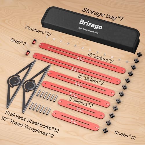 Stair Tread Template Tool, 10" to 67" Adjustable Aluminum Stair Tread Jig, Precision Angle Length Depth Measuring Gauge Tool for Floors Cabinets Woodworking Construction,Includes Storage Bag