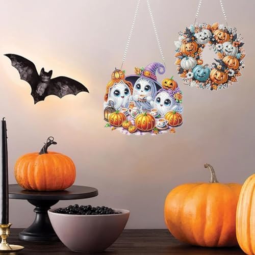 AIBOERL Diamond Art Hanging Kit for Adult,Special Shaped Rhinestone,Double Sided 5D DIY Acrylic Diamond Art Painting Window Pendants Home Garden Wall Hanging Kits Hanging Ornament (3 Pack Halloween)