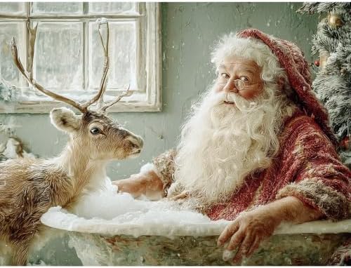 Christmas Diamond Painting Kit for Adults, Santa Claus Diamond Art Kits for Adults Beginners, DIY Full Round Drill Reindeer Diamond Dots Art Painting Crafts Kits for Home Wall Decor 12x16 Inch