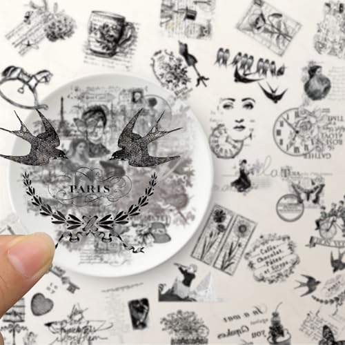 50PCS Vintage French Aesthetic Scrapbook Stickers – Clear Retro Paris Floral Postage Stickers for Journals, Card Making, Planners Diary Decoration
