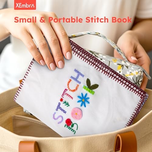 XEmbro Embroidery Stitch Book Kit for Beginners and Sewing Lovers, Portable Embroidery Book Kit with Water-Soluble Pre-Printed Fabric, Square Embroidery Hoop, and Sewing Tool