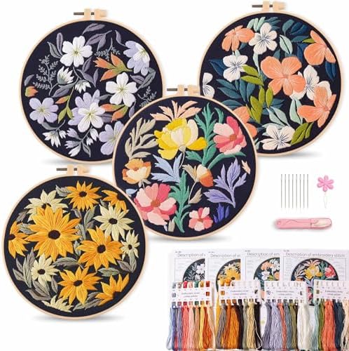 Harimau Adult Beginner Embroidery Starter Kit, Complete Set with 4 Patterns, 2 Hoops, Needles, Scissors, Instruction Guide & Stitching Video Tutorials