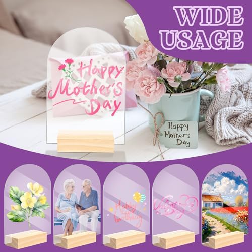 Bercoor 5 Pack 4x6 Inch Blank Clear Arch Acrylic Sign with Wooden Stands, Arched Round Top Acrylic Sheet, DIY Acrylic Arch Table Numbers for DIY Name Card Gifts Event Party Sign Decoration