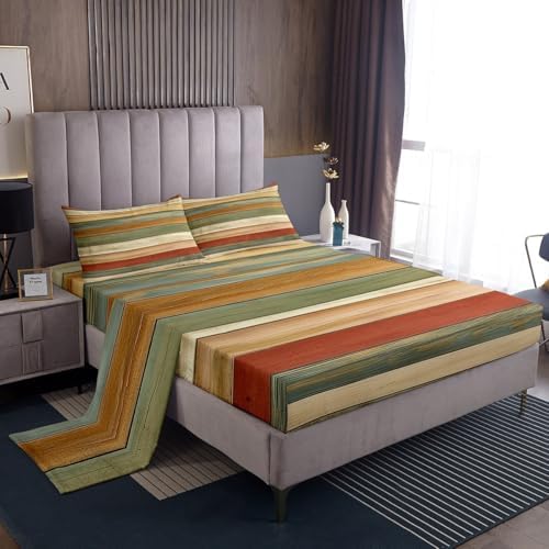 Retro Stripes Sheet Set Oil Painting Striped Bedding Set Modern Simple Style Bed Sheets Teens Room Decor Orange Green (Full Flat & Fitted Sheet with 2 Pillow Case)