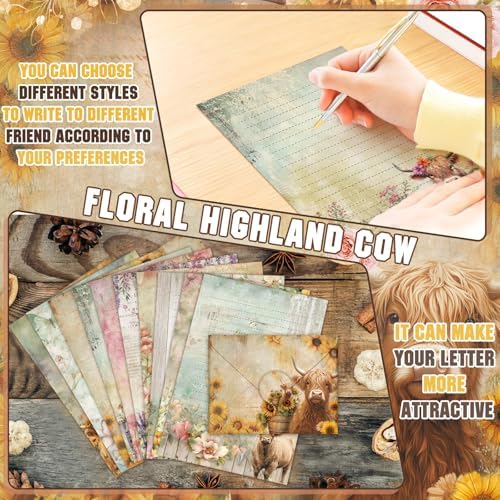 TaoBary 160 Pcs Floral Highland Cow Stationery Paper and Envelopes Set