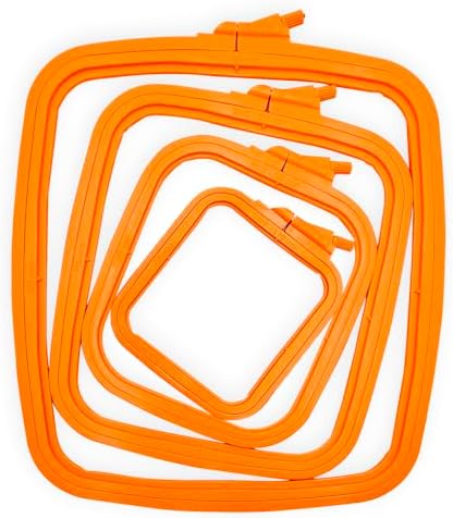 Nurge Square Embroidery Hoop - Plastic Cross Stitch Frame for Needlepoint & Embroidery - Adjustable Craft Hoop - Orange - Set of 4