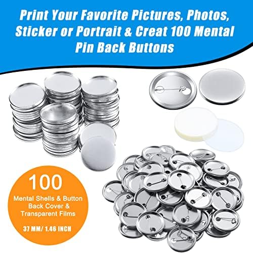 300 Pieces Blank Button Making Supplies Round Badge Parts Metal Pin Badge Kit for Button Maker Machine, Including Metal Shells Back Cover and Clear Film(1.46 Inch,Silver)