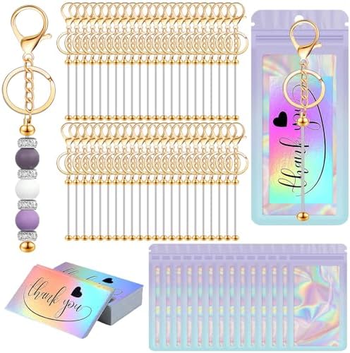 42/84/126 Pcs Beadable Keychain Bars Bulk Blank DIY Beaded Keychain Making Supplies with Bag Thank You Card