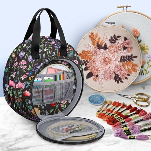FINPAC Embroidery Project Bag, Embroidery Supplies Storage Carrying Tote Case with Multiple Pockets for Floss, Hoops, Thread, Stitch Tools Kit [Bag Only] (Black Floral)