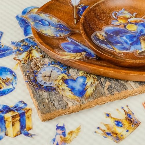 56 PCS Blue Gold Fantasy Magical Celestial Clear Stickers, Dreamy Watercolor Fairytale Aesthetic Scrapbook Stickers for Journaling Planner Laptop Decor