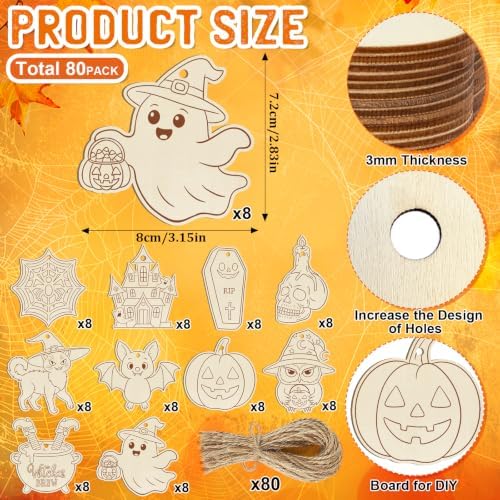 80PCS Wooden Halloween Ornaments to Paint Fall Decorations,10 Styles DIY Blank Autumn Unfinished Wood Skull Pumpkin Ghost Bat Witch Feet Halloween Cutouts Ornament for Crafts Party Hanging