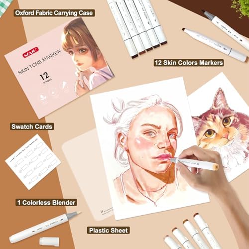 SFAIH Skin Tone Alcohol Markers Brush & Chisel Tip - 12 Light Skin Colors | Dual Tip Art Markers for Artist Adult Coloring Illustration, Portrait Hair Skin Anime, Blending, Gifts for Artist Adult