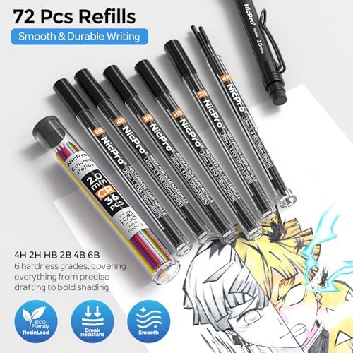 Nicpro 2.0 mm Mechanical Pencil Set, 3PCS Artist Lead Pencil Holder 2mm with 72PCS Lead Refills (4H 2H HB 2B 4B 6B Color) Eraser, Weatherproof Barrel for Outdoor Writing Drafting Drawing Sketching