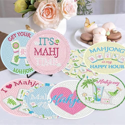 8 Pack Mahjong Diamond Art Coasters Kit for with Holder & Cork Backing