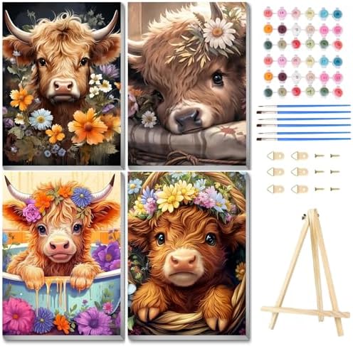 4 Pack Highland Cow Framed Paint by Numbers Kit for Adults, 10x12 inch